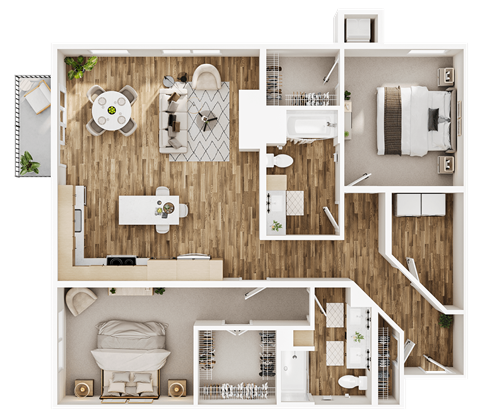 Floor plan for 2 beds, 2 baths, 1400 sqft